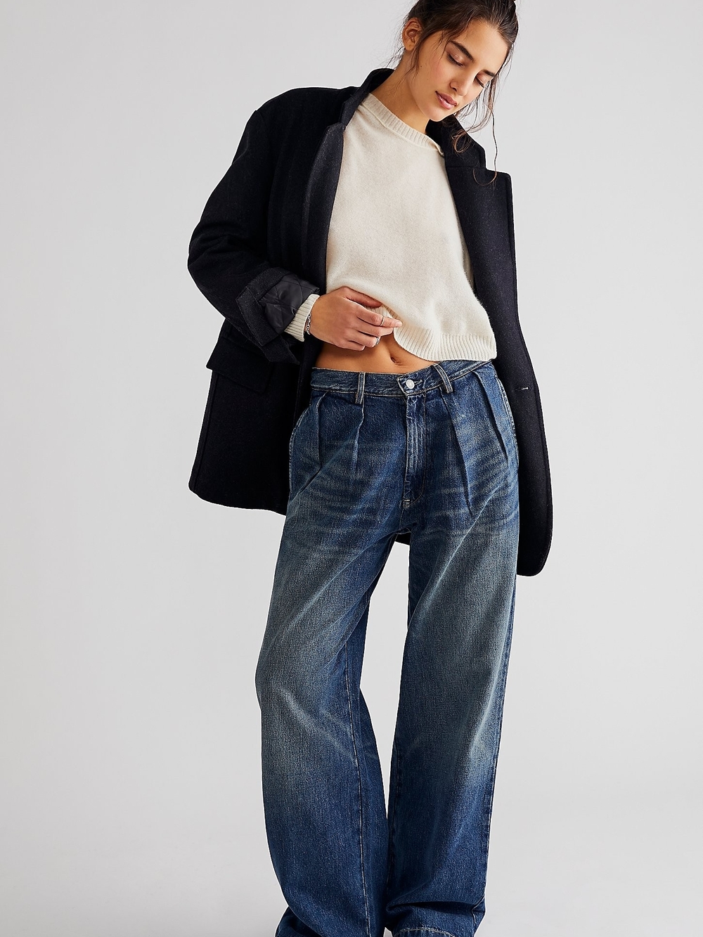Denimist Blair Pleated Wide-Leg Boyfriend Jeans in Dark Blue Wash
